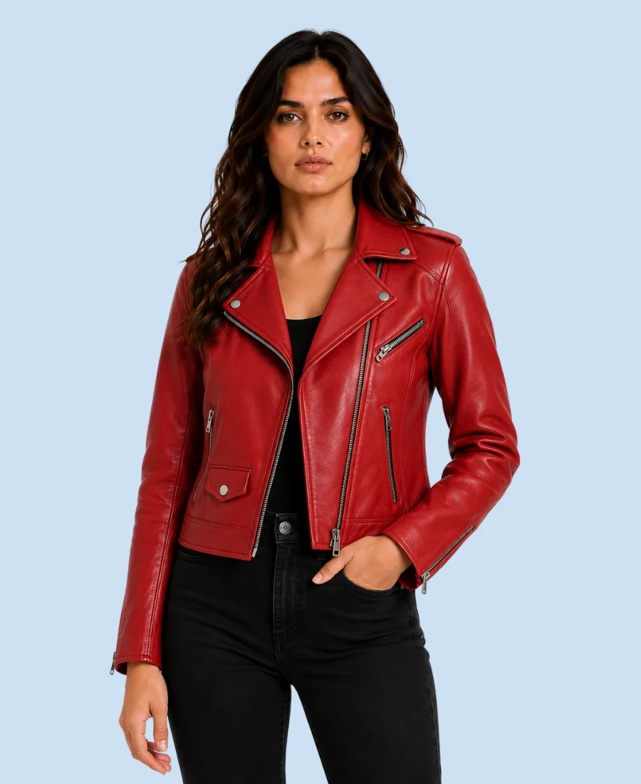 Women's Scarlet Red Genuine Leather Biker Jacket