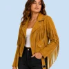 Women's Sierra Mustard Genuine Suede Fringe Biker Jacket
