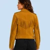 Women's Sierra Mustard Genuine Suede Fringe Biker Jacket Back
