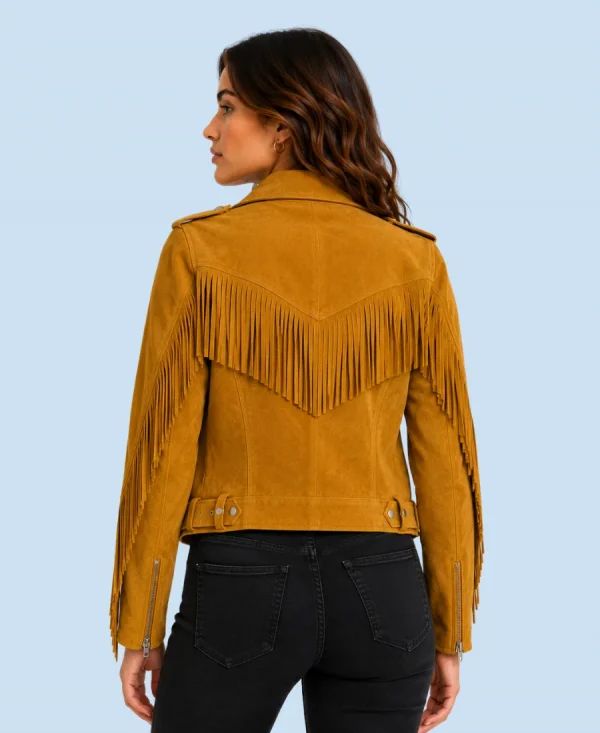 Women's Sierra Mustard Genuine Suede Fringe Biker Jacket Back