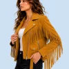 Women's Sierra Mustard Genuine Suede Fringe Biker Jacket Side