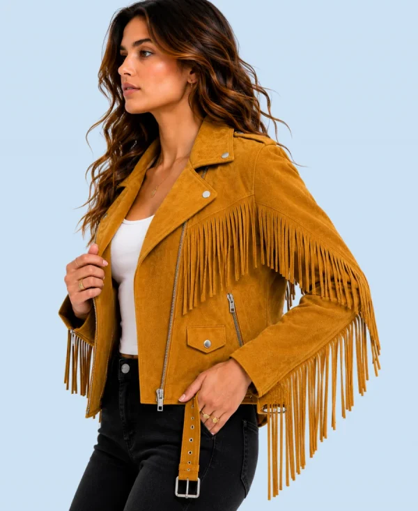 Women's Sierra Mustard Genuine Suede Fringe Biker Jacket Side