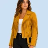 Women's Sierra Mustard Genuine Suede Fringe Biker Jacket Side Pose