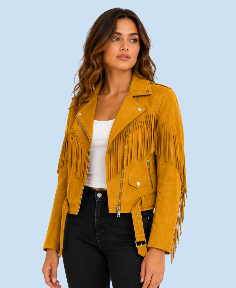 Women's Sierra Mustard Genuine Suede Fringe Biker Jacket Side Pose