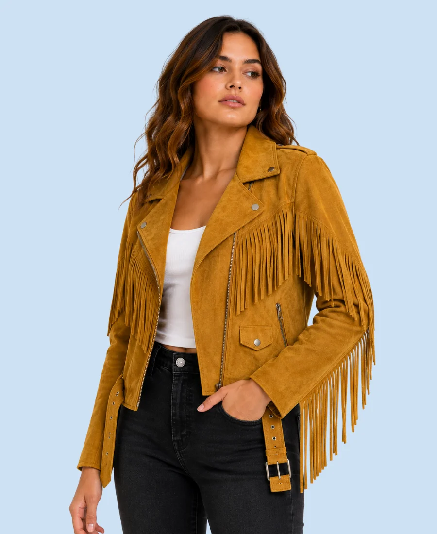 Women's Sierra Mustard Genuine Suede Fringe Biker Jacket